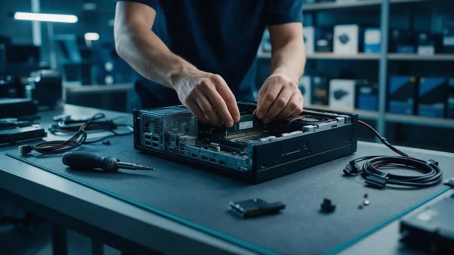 Técnico instalando un módulo de memoria en un equipo abierto sobre la mesa de servicio