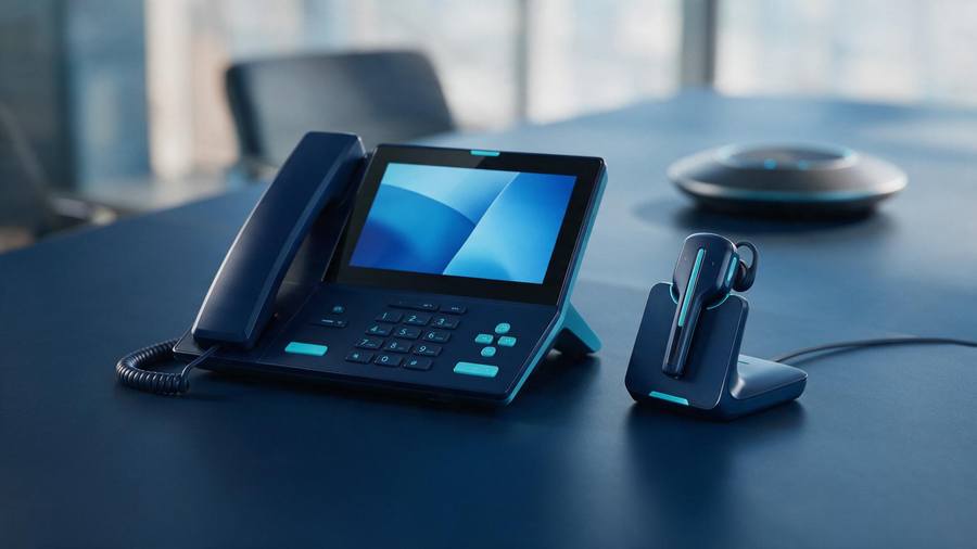 Teléfono IP de escritorio y diadema inalámbrica