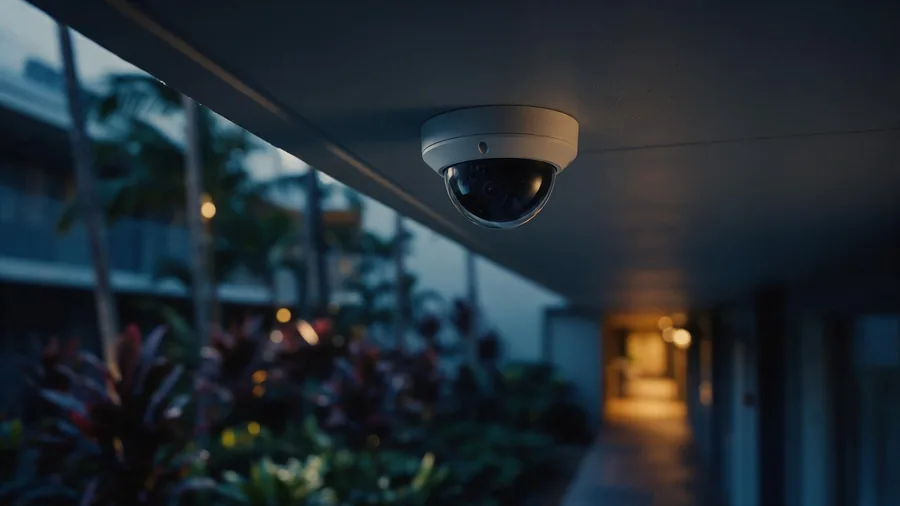 Cámara domo instalada bajo el techo de un andador exterior al atardecer