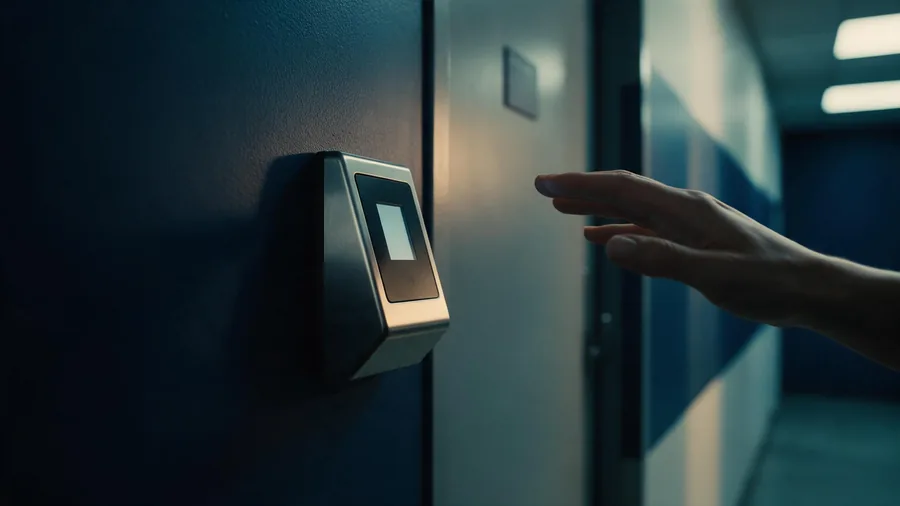 Lector de control de acceso junto a una puerta de servicio