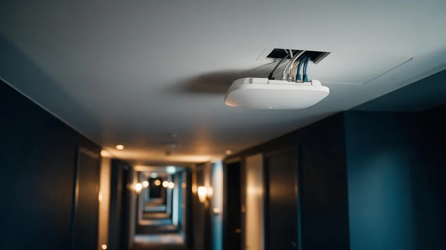 Punto de acceso inalámbrico integrado al techo de un pasillo de hotel