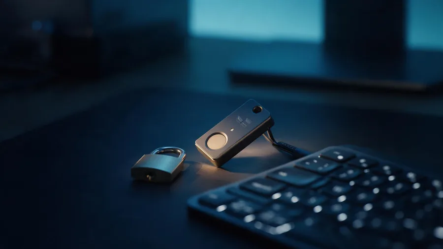 Llave de seguridad y candado sobre un escritorio, junto a un teclado retroiluminado