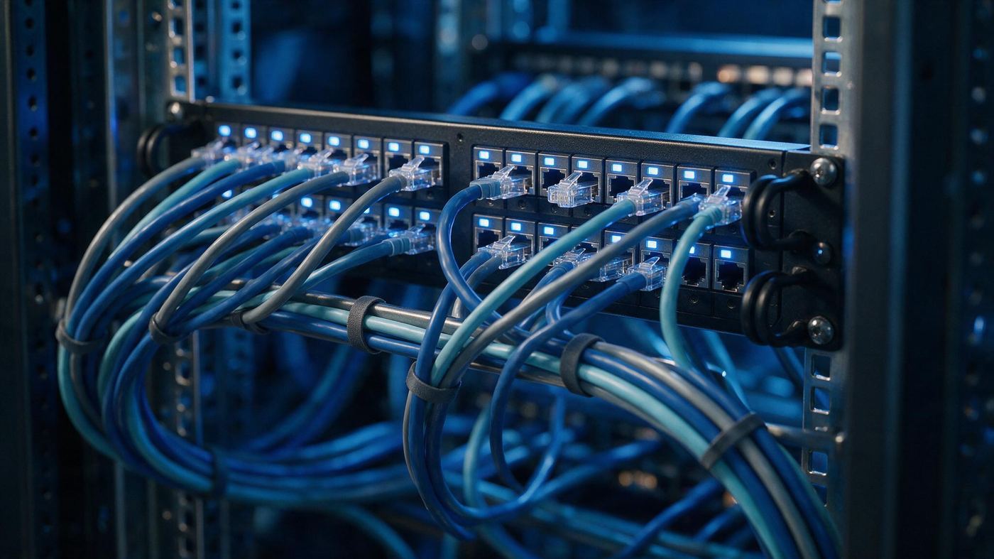 Panel de parcheo en un rack de red con cableado estructurado ordenado