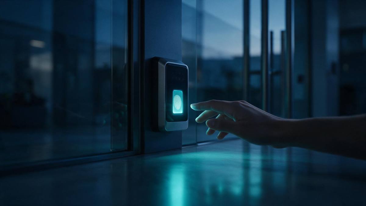 Lector de control de acceso junto a una puerta de cristal