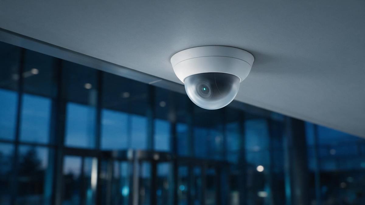 Cámara domo instalada en el techo de un lobby